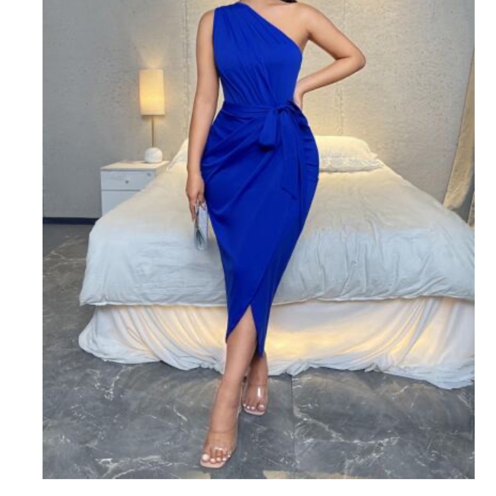 SHEIN Privé One Shoulder Wrap Hem Belted Dress